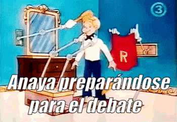 a cartoon of a boy standing in front of a mirror with the words anaya preparandose para el debate on the bottom