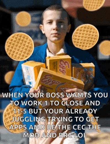 a girl in a blue jacket is holding boxes of eggs benedict cereal