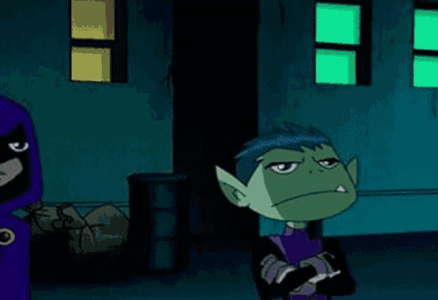 raven and beast boy are standing next to each other in a room .