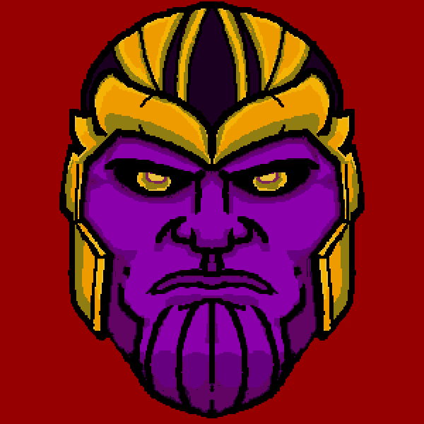 a pixel art drawing of thanos smiling