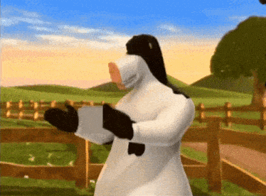 a cartoon cow is standing in front of a fence