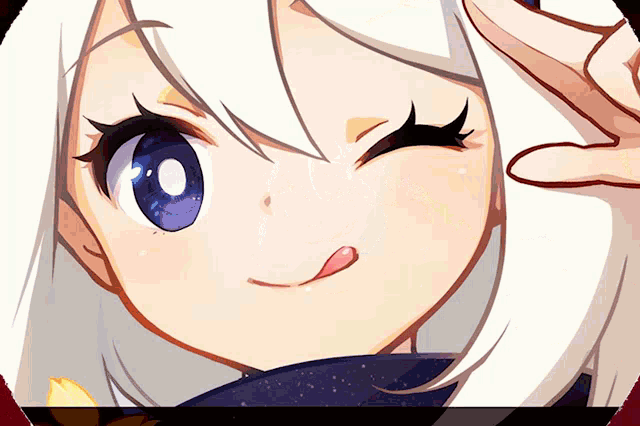 a girl with white hair and blue eyes is making a face