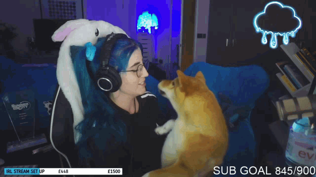a woman with blue hair is kissing a dog on the cheek while a sub goal of 845,900 is displayed