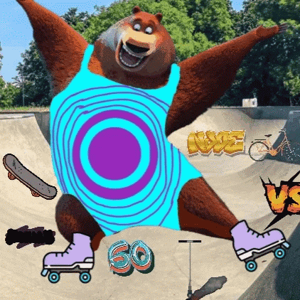 a bear wearing roller skates and a blue tank top is on a ramp