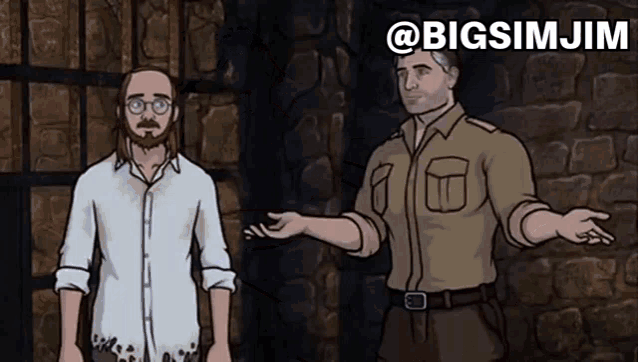 two men are standing next to each other with the words @bigsimjim behind them