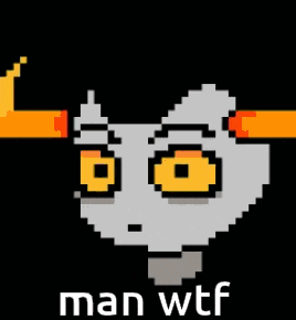 a pixel art of a cat with yellow eyes and the words man wtf