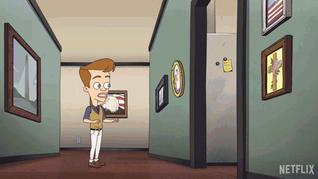 a cartoon of a man standing in a hallway with netflix written on the bottom right