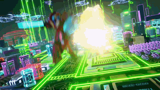 a computer generated image of a futuristic city with a huge explosion in the background