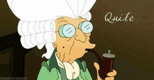 a cartoon of an old woman smoking a pipe with the word quite written above her