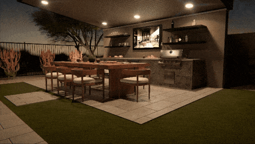 a patio with a dining table and chairs and a grill
