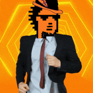 a man in a suit and tie has a pixelated face in front of his face