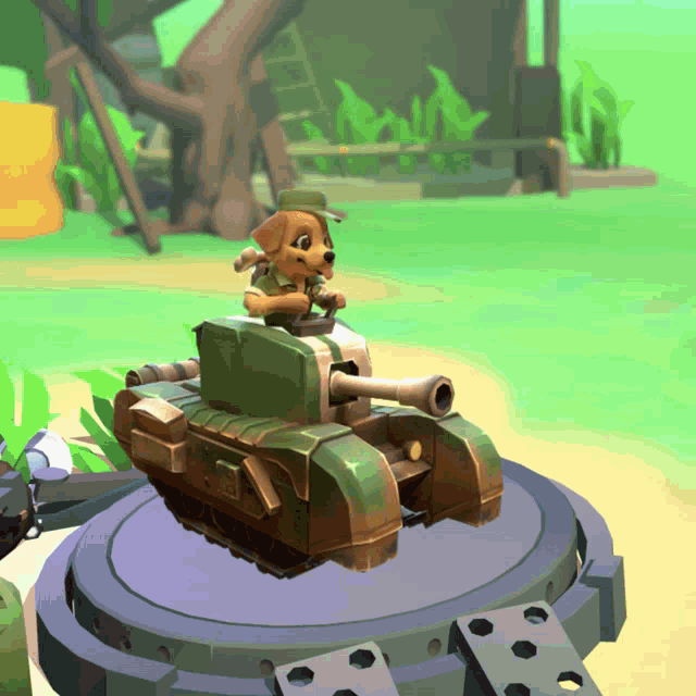 a dog is sitting on top of a green tank