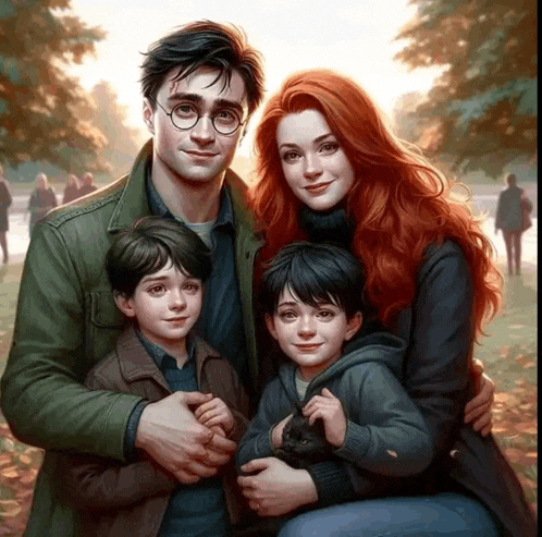 a family posing for a picture with harry potter holding a cat