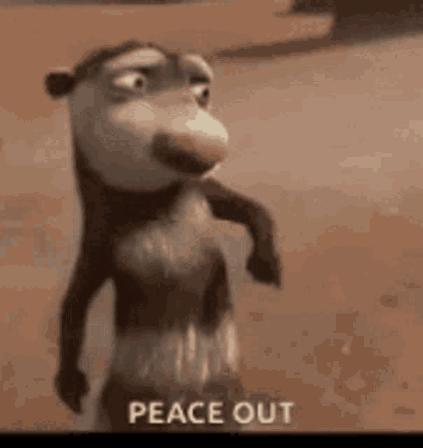 a cartoon opossum is standing on a sandy surface and says peace out .