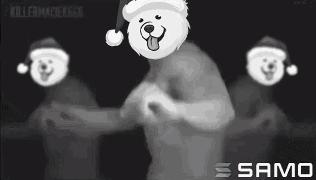 a black and white drawing of a teddy bear wearing a santa hat with samo written on the bottom