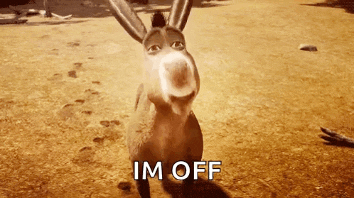 a donkey is standing on a dirt field with the words im off behind it .