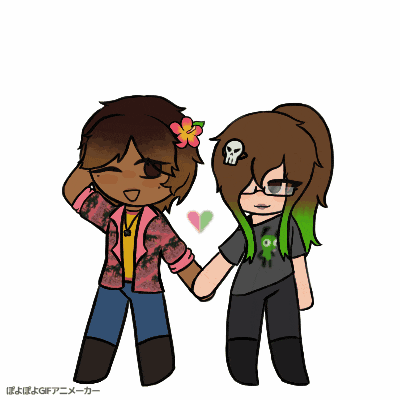 a drawing of two girls holding hands with a skull on her head