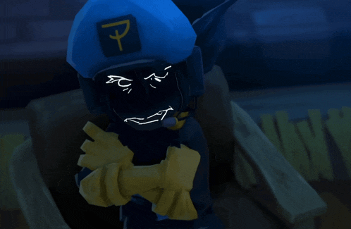 a cartoon character is wearing a blue hat with a letter p on it