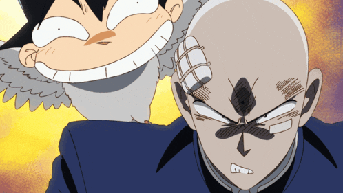 a bald man with a bandage on his head stands next to a cartoon character