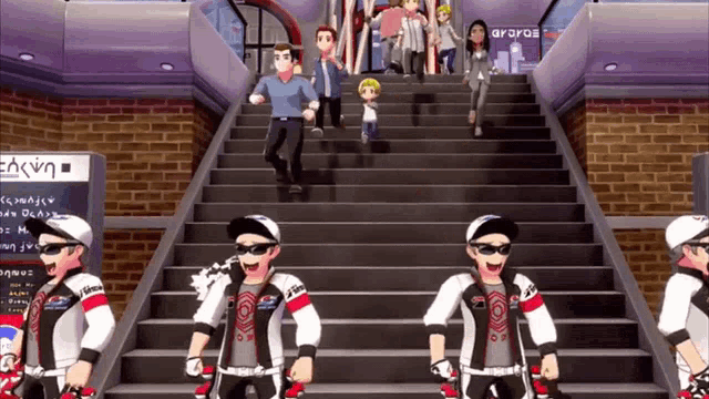 a group of cartoon characters are standing on a set of stairs in front of a sign that says araki