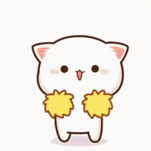 a cartoon cat is holding a pair of pom poms in front of its face .