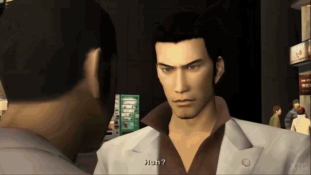 a man in a white suit is talking to another man in a video game and the man is asking " huh "