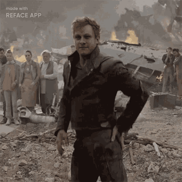 a man with his hands on his hips is standing in front of a group of people in a destroyed city made with reface app