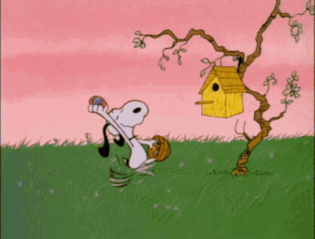 a cartoon of snoopy standing next to a bird house