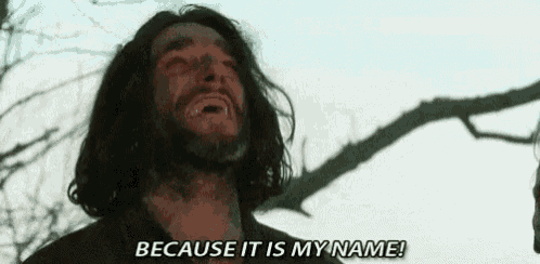 a man with long hair and a beard is crying and saying `` because it is my name '' .