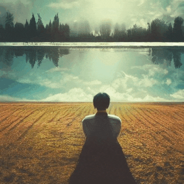 a man sits in a field looking out over a lake