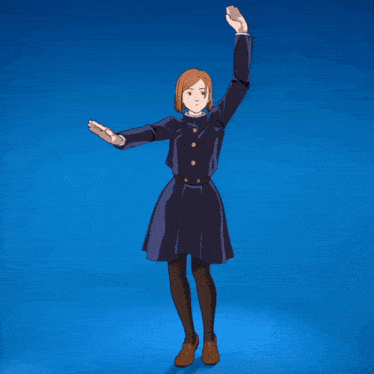a cartoon of a girl with her arms outstretched on a blue background