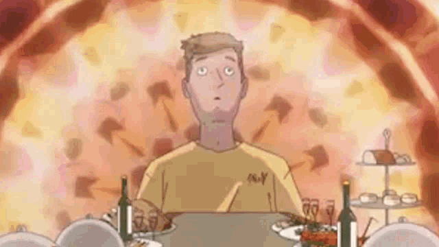 a cartoon of a man sitting at a table with a bottle of wine and plates of food .