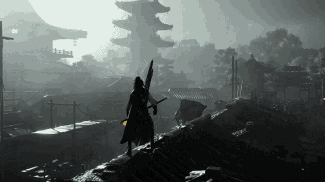 a silhouette of a man holding a sword in front of a building that says ' eazha ' on it