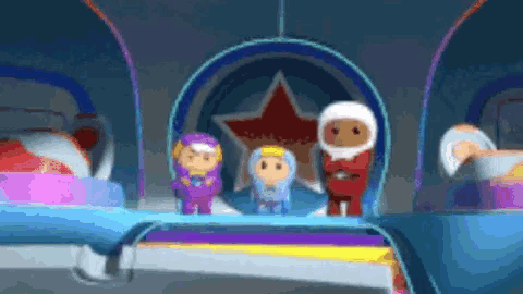 a group of cartoon characters are standing in a room with a star on it