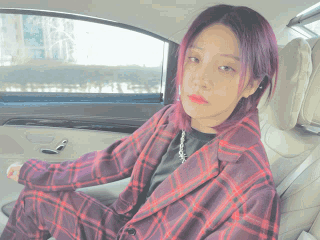 a woman with purple hair wearing a plaid jacket sits in the back seat of a car