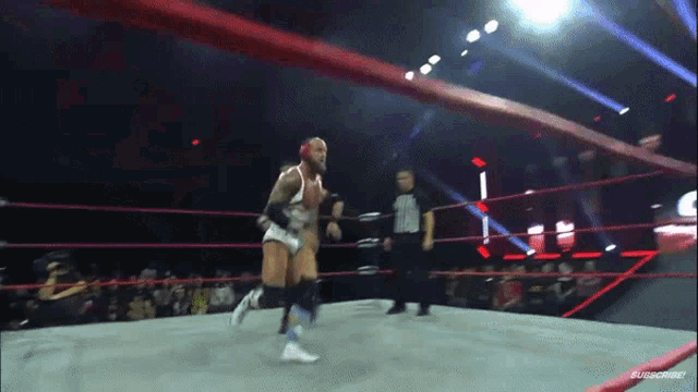 a man in a wrestling ring with a referee behind him and a watermark that says ' usa wrestling '