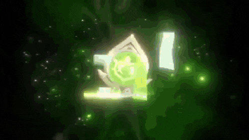 a green glowing object is floating in the air on a black background .