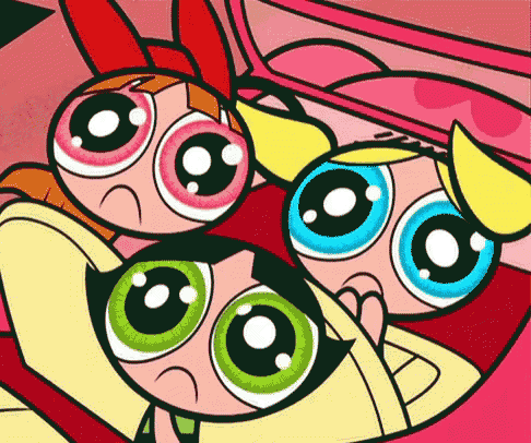 a group of three cartoon characters with big eyes