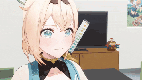a girl holding a sword in front of a tv
