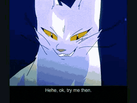 a cartoon of a white cat with yellow eyes and the words " hee ok try me then " below it