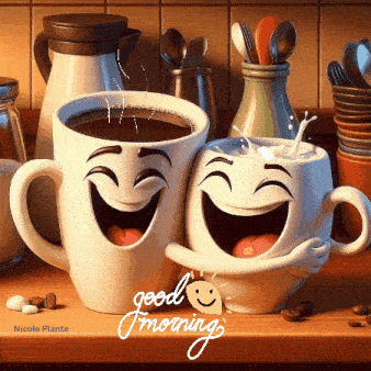 two cups of coffee with smiley faces on them and the words good morning written on the bottom