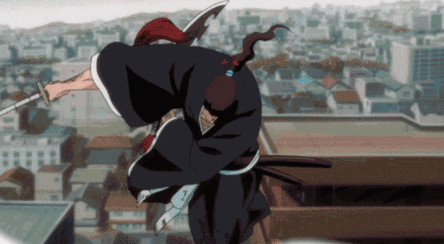 a man in a kimono is holding a sword in front of a cityscape