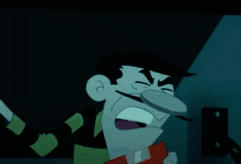 a cartoon character is making a surprised face in the dark .