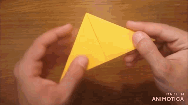 a person is holding a yellow triangle in their hands and the triangle is made in animotica