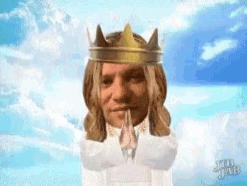 a man with a crown on his head is praying in front of a cloudy sky .