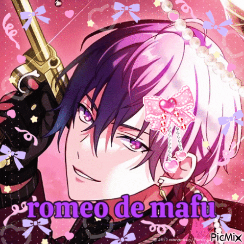a picture of a boy with purple hair and the words romeo de mafiu on the bottom