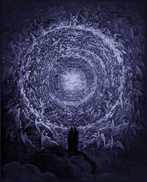 a painting of angels surrounding a light at the end