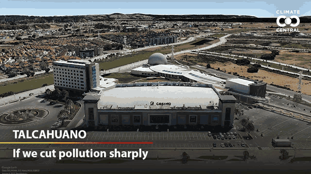 an aerial view of talcahuano with the words " if we cut pollution sharply " on the bottom