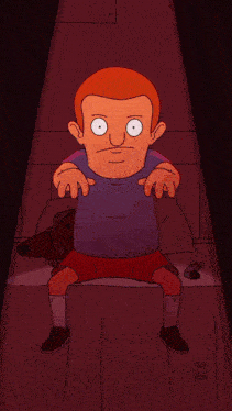 a cartoon of bob 's burgers character sitting on a ledge with his hand on his chin
