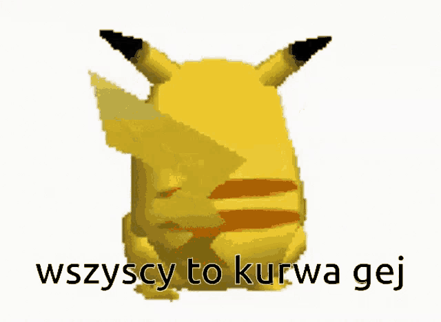 a pikachu with the words wszyscy to kurwa gej written below it